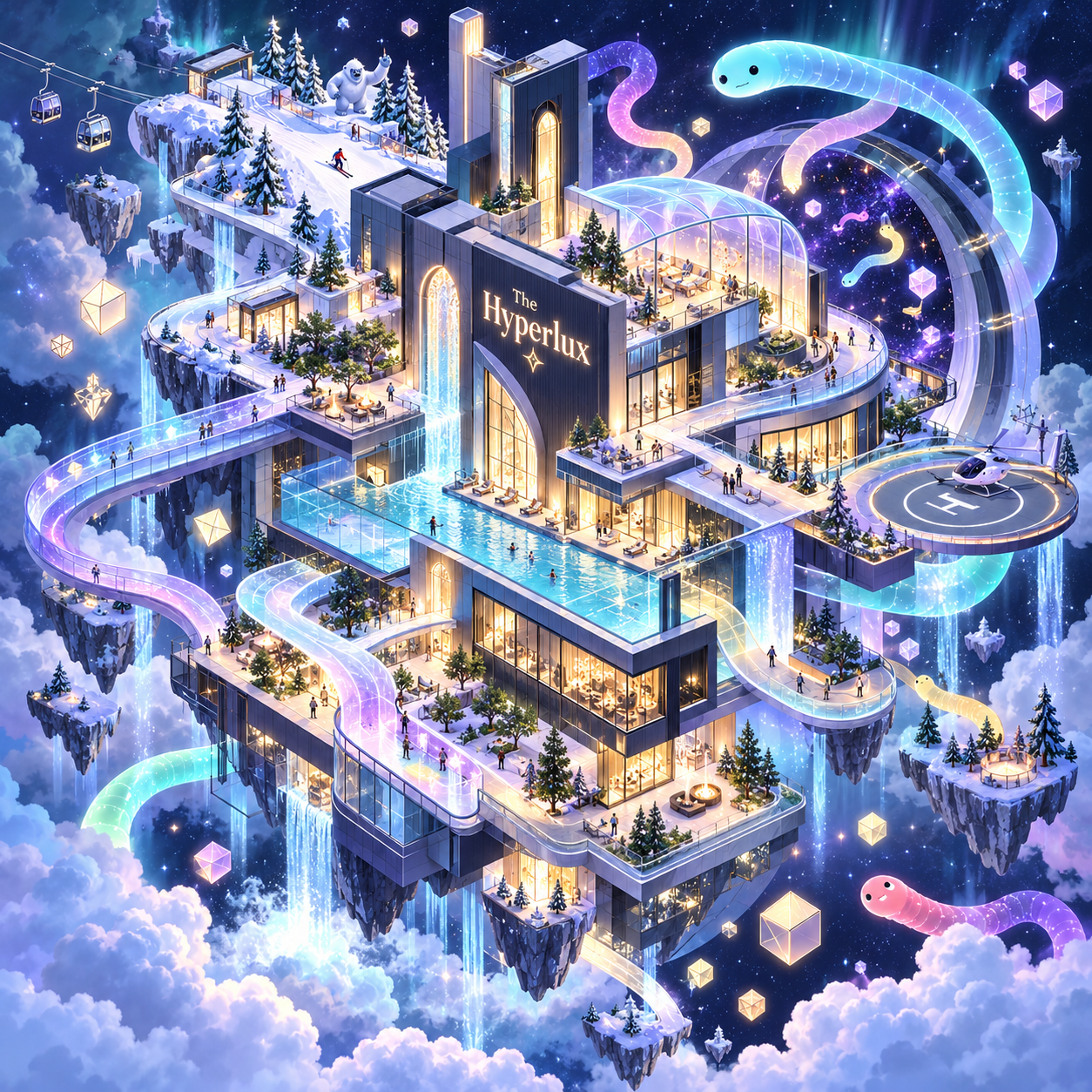 Isometric illustration of The Hyperlux: an impossible floating hotel with snowy slopes, luminous sky bridges, and cosmic portals